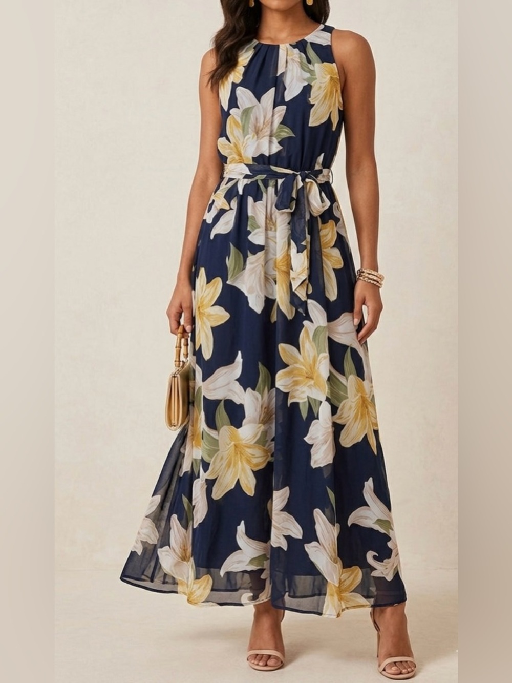 Navy Floral Tie-Waist Maxi Dress - Yellow & White Bloom